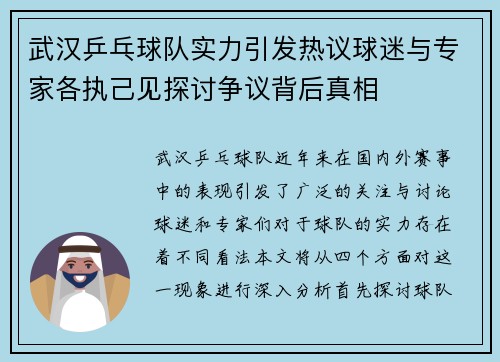 武汉乒乓球队实力引发热议球迷与专家各执己见探讨争议背后真相